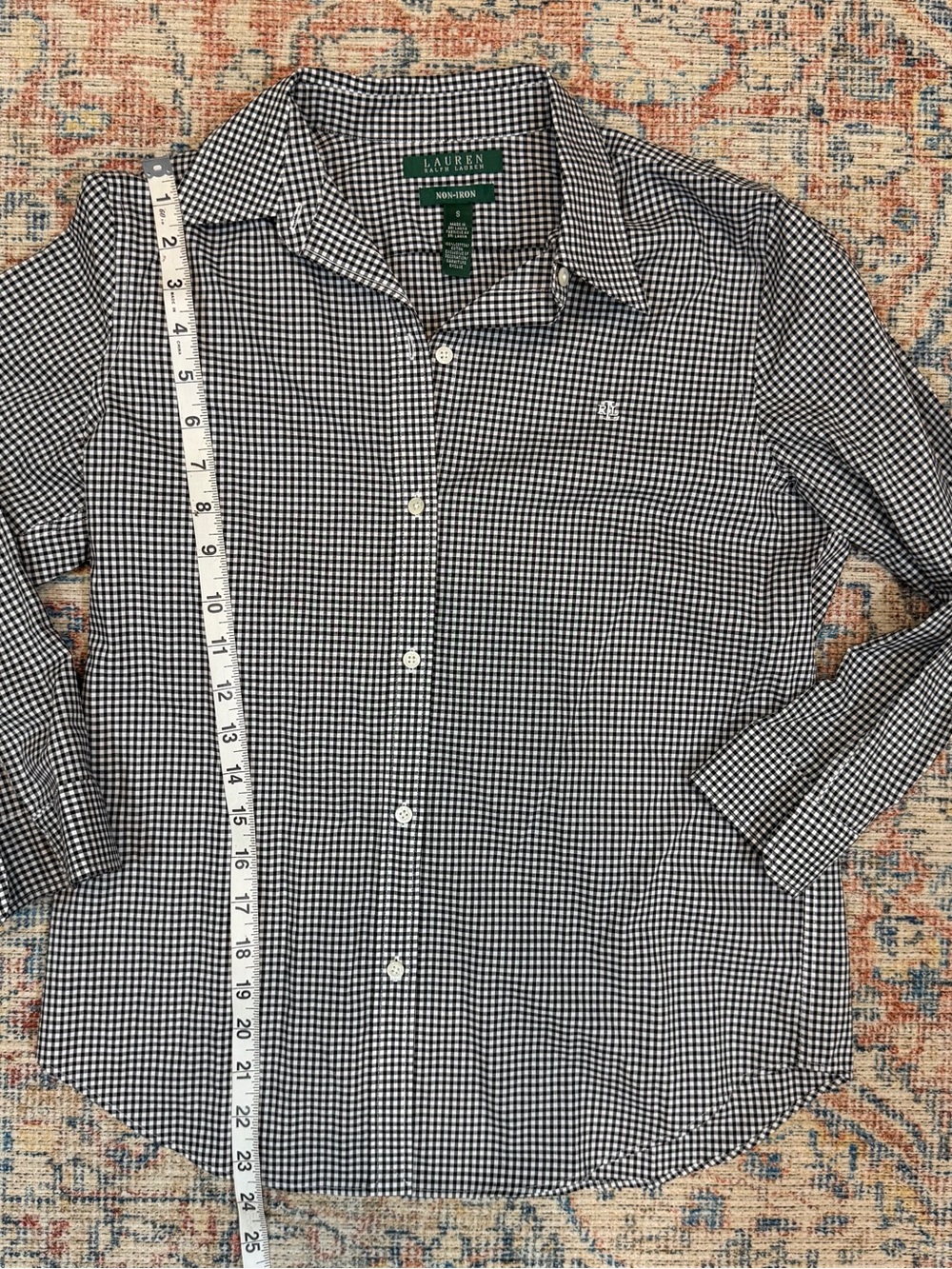 Lauren Ralph Lauren GINGHAM Button Up Shirt Top Black White Cotton Size S Preppy - Picture 8 of 10